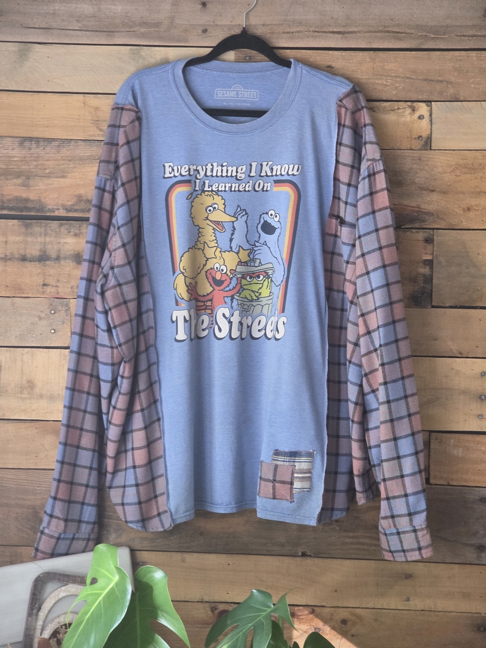Upcycled Sesame Street Blue Graphic T-shirt with Plaid Sleeves